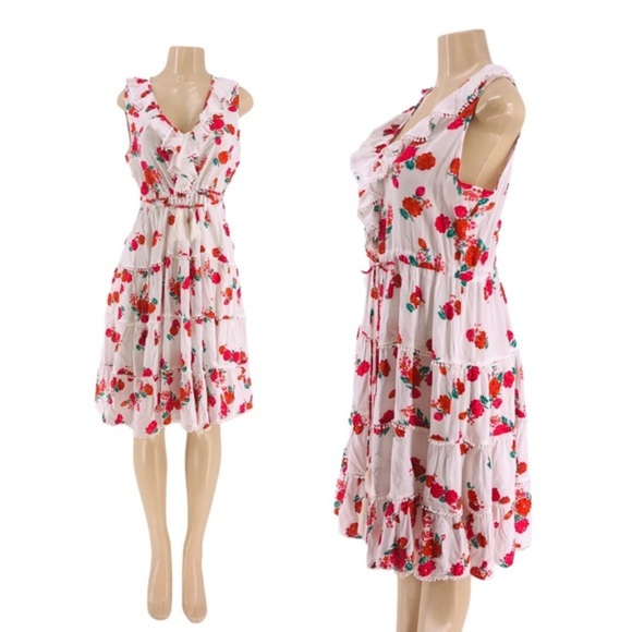 Miss June Flutter Ruffle Red Rose White Dress - Picture 1 of 7